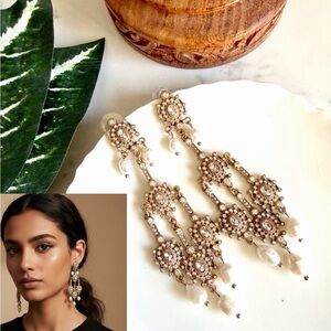 Antiqued Gold Chandelier Rhinestone Faux Pearl Earrings Jhumka Bridal Gift NEW